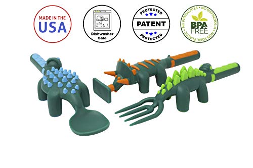 Constructive Eating - Toddler Dinosaur Utensils Made in USA - Silverware for Toddlers - Utensils for Kids - Constructive Eating Utensil Set Green Dinosaur