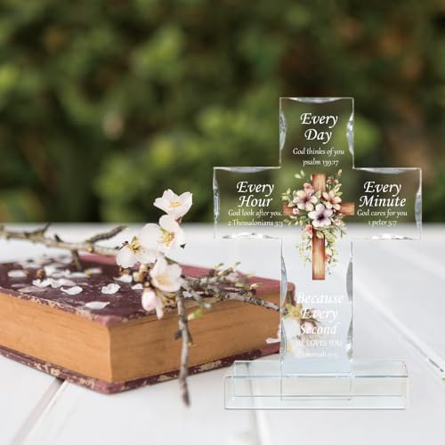 WEBEEDY Floral Acrylic Cross Christian Religious Gift for Women Men, Biblical Verse Standing Coss Decor with Base, Bible Scripture Inspiration Gifts Home Office Desk Decor, 10x15cm