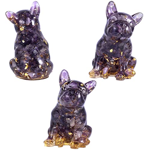 Amogeeli Healing Orgone Crystal French Bulldog Figurine Decoration, Pocket Stone Dog Statue for Shelf Desk Office, Amethyst