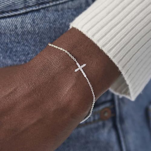Moodear Cross Bracelet for Women, Dainty Sterling Silver/Gold Plated Gift CZ Silver Cross Bracelet