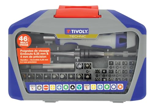 Tivoly – 46 Piece Multi Purpose Screwdriver Set – 22 Precision Bits 4 mm + 19 Torsion Bits 6.35 mm + Accessories and Screw Handles – Kit with All Essential Tools