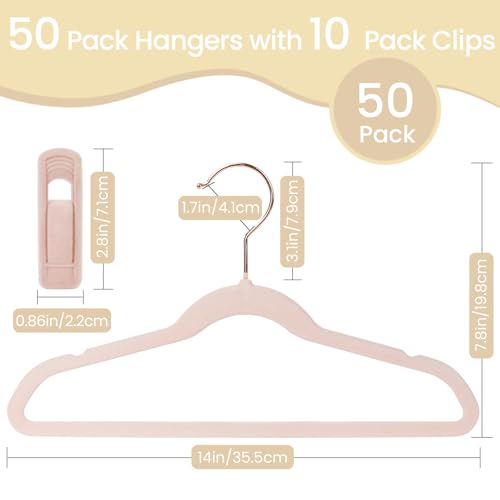 Kids Velvet Hangers with Clips, Kids Hangers 14 Inch, Pink, 50 Pack