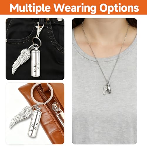 Cylinder Pet Ashes Necklace with Angel Wing, Stainless Steel Dog Urn Pendant for Ashes, Silver Cremation Jewelry Keepsake with Funnel & Pouch, Cat & Pet Memorial Necklace Paw