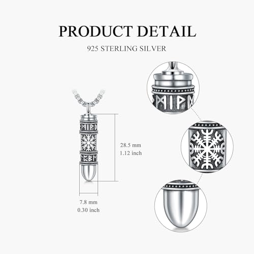 Bullet Viking Urn Necklace for Ashes 925 Sterling Silver Viking Cremation Pendant Spiritual Memorial Keepsake Jewelry for Women Men