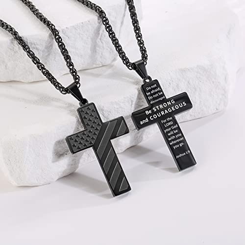 DuoDiner 18+2" Cross Necklace for Men Boys Christian Confirmation Gifts Black Joshua 1:9