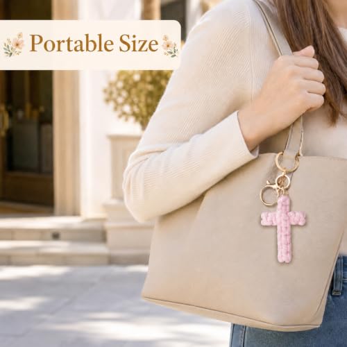 4 PCS First Holy Communion Gifts for Girls, Hand-Knitting Cross Keyring with Baptism Card, Christian Gifts for Christian Believers