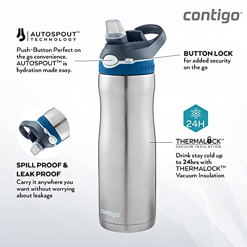 Contigo Ashland Chill Autospout Water Bottle with Flip Straw, Stainless Steel Thermal Drinking Bottle,Leakproof,Grey, BLue, 590 ml Grey, B Lue