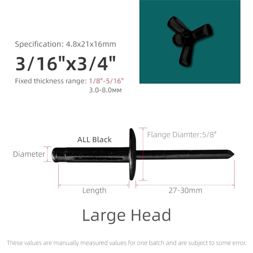 JIANDAXIN black aluminum trifold blind rivets, 3/16 x 3/4 inch, large 5/8 inch head, 100 pieces
