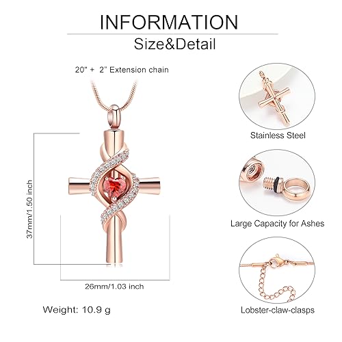 Infinity Urn Necklace for Ashes Cross Cremation Jewelry Memorial Necklace Birthstone Pendant Stainless Steel Urn for Ashe Lockets Keepsake Necklace for Pet Dog Ashes Holder Rose-Red