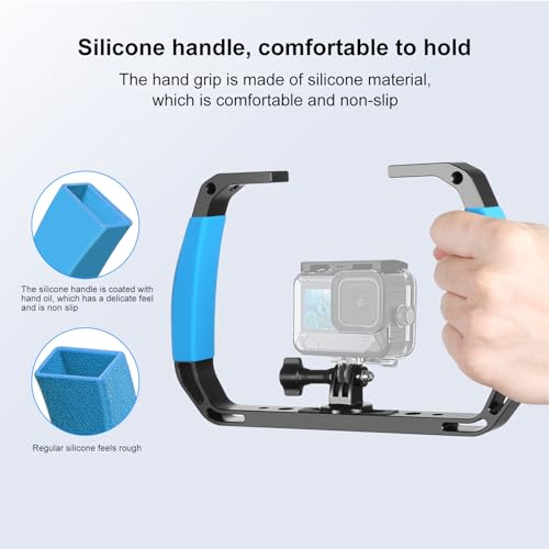 Underwater Camera Cage, Diving Rig with 1/4in 3/8in Screw Hole, Handheld Grip, 2 Cold Shoe Mounts, Video Light Stabilizer for Action Camera
