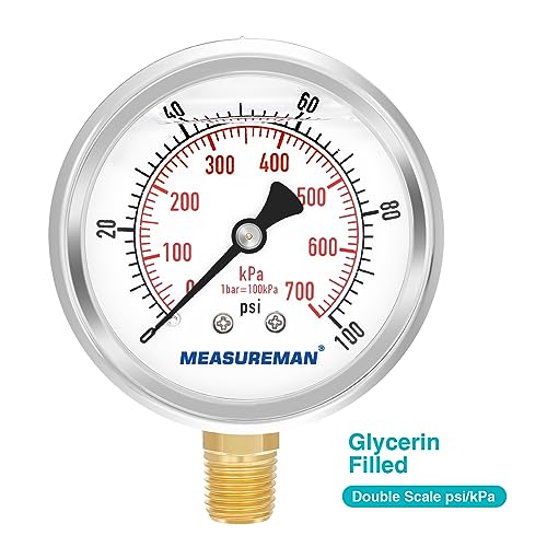 MEASUREMAN liquid-filled 0-100 PSI/KPA pressure gauge with brass 1/4 NPT adapter and stainless steel probe sheath