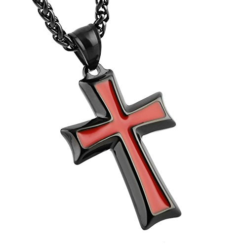 HZMAN Men's Stainless Steel Cross Pendant Necklace Jewelry Gift with Wheat Chain Black Red