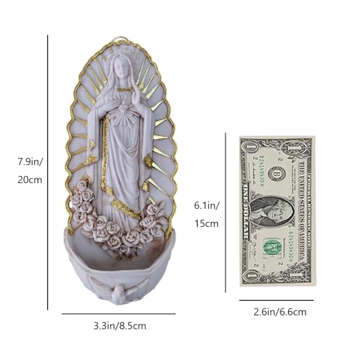 Catholic Wall Decor,Holy Water Font for Home, Handcrafted White Resin Wall-Mounted Holy Water Holder,Virgin Guadalupe Statue Fonts for Home Altar, Church, Gifts