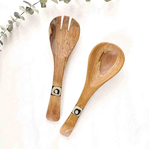 Global Crafts Small 8-inch Olive Wood Kenyan Salad Servers with Bone Inlay, Set of 2 (KWF009I)