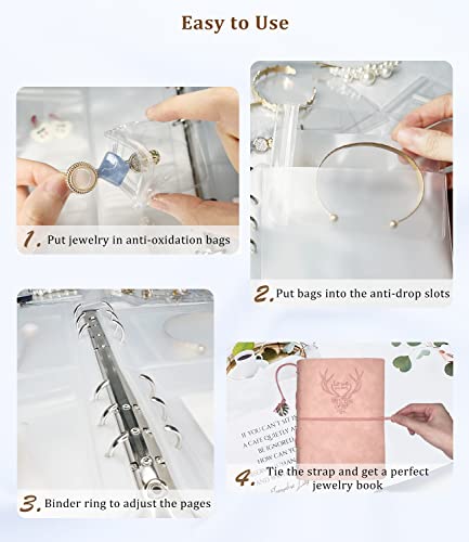 Travel Jewelry Organizer, A5 Binder Jewelry Storage Book with Pockets, Foldable Earring Holder with Clear Jewelry Bags for Ring, Studs and Bracelet(70 Grids+70 Thicken PVC Bags) Deep Love, Fresh Pink - 70 Grids