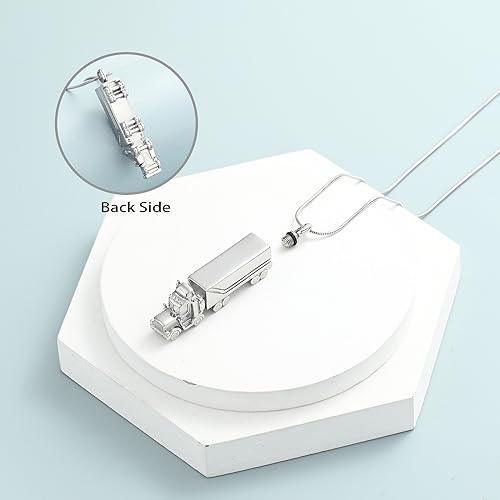 shajwo 18 Wheeler Semi Truck Urn Necklace for Ashes for Men Women Cremation Jewelry of Loved Ones Memorial Locket Pendant Silver