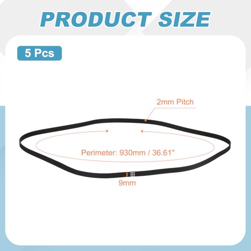 sourcing map 930mm GT-2 Timing Belt 9mm Width 2mm Pitch Black 5pcs 930mm L, 9mm W 5