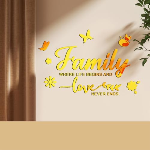 Family Where Life Begins and Love Never Ends Mirror Wall Decal, Spiritual Wall Stickers Peel and Stick Quote Sayings, Acrylic Inspirational Lettering Art Decor for Home Decoration, Gold