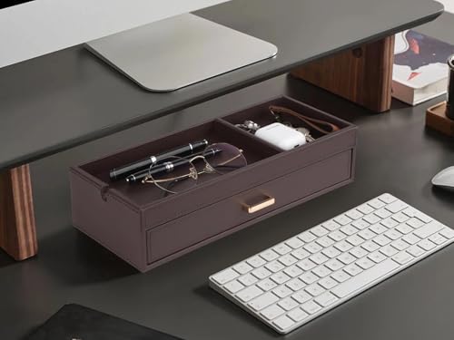 HofferRuffer Valet Jewelry Tray Organizer with Drawer, Faux Leather Storage Catchall Box Phone Charging Station Tray with Dresser Nightstand Desktop Drawer Organizer (Dark Brown) Dark Brown
