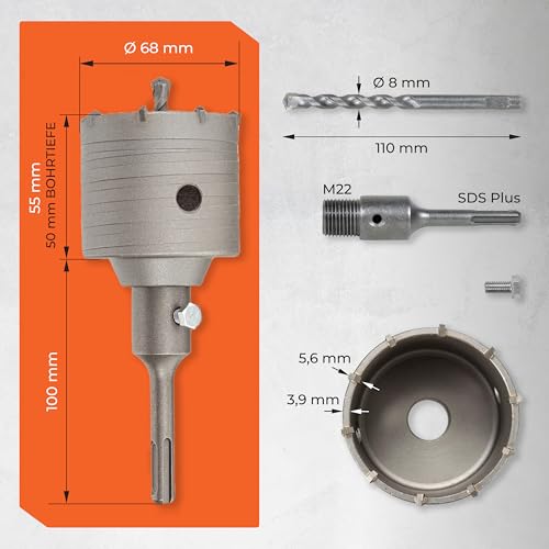 BAUBECK Drill Bit 68 mm, SDS Plus for Concrete and Stone, M22 Can Drill, Masonry SDS-Plus Core Hole Drill, Socket Drill, Crown Drill Bit, Socket Drill Bit, SSD Sockets Drill Bit, Hollow Drill Bit SDS Plus Bohrkrone