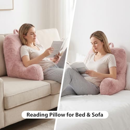 Reading Pillow for Sitting in Bed Adult – Back Support with Arms, Large Bed Rest Cushion for Reading, TV, Gaming, Laptop – Home, Office, Dorm, Pink