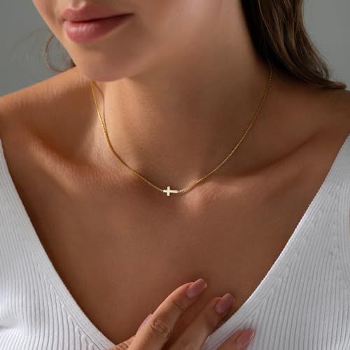 Rotnso Cross Necklace for Women 14K Gold Plated Dainty Small Pendant Choker Box Chain Sideways Cross-GD