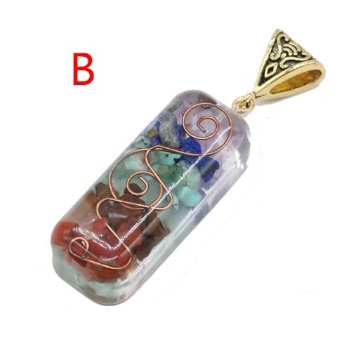LE SKY 6 Pcs Natural Orgone Stone Pendants Rectangle Shape Various Seven Chakra Tumbled Chip Stone Reiki Symbol Resin Pendant for Meditation Yoga Balance Energy