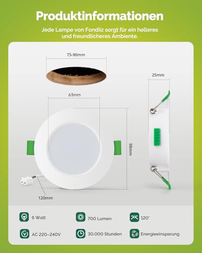 Fondiiz Recessed Spotlight LED 230V, 6W, 75mm - 90mm Hole Size, IP44 | 700 lm, 3 color temperatures, warm white 2700 K/neutral white 4000 K, cool white 6000 K, diameter 98 mm LED spots for Not Dimmable. Set of 12
