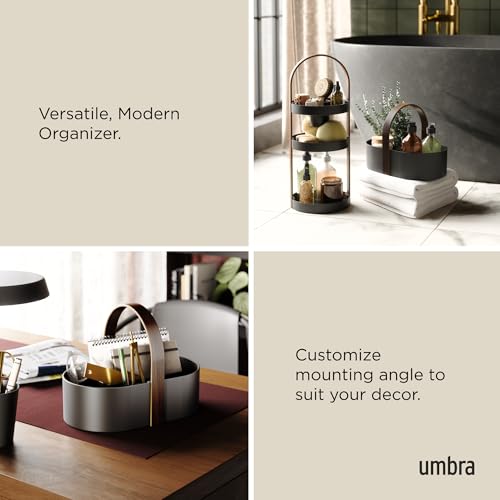 Umbra Bellwood Caddy shower organizer with wooden handle in black and walnut, featuring multiple compartments for bathroom essentials.