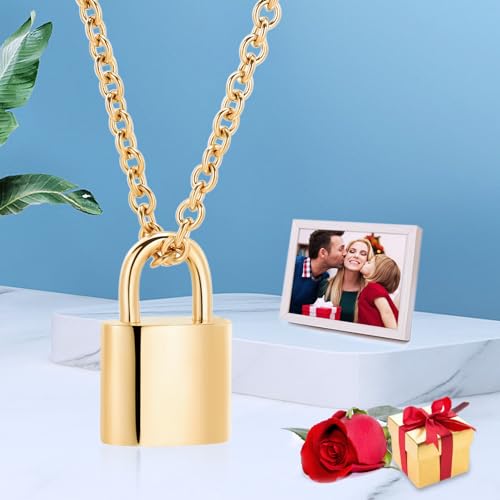 Imrsanl Padlock Cremation Jewelry for Ashes Urn Necklace for Women Men Stainless Steel Keepsake Memorial Punk Lock Pendant Ashes Holder Gold