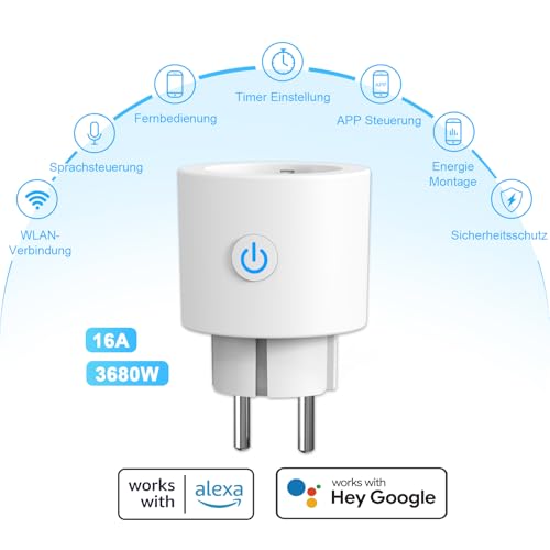 Antela WLAN Smart Socket with Current Measurement 16 A, Smart Home Socket Compatible with Alexa/Google Home, Power Consumption Measurement, Voice Control, App Remote Control, 2.4 GHz, 4 PCs | Compatible with Alexa/Google Home, power consumption measure...