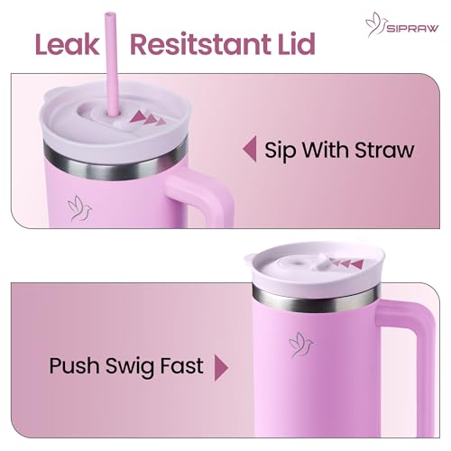 40oz Tumbler with Handle and Straw Insulated Stainless Steel Travel Mug Vacuum Double Wall Coffee Cup Leak Resistant Lid BPA-Free Cup Holder Friendly for Hot & Cold Drinks, Pink 40 Ounces