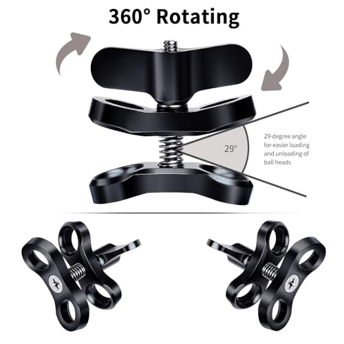 2-Hole 1" Aluminum Underwater Camera Clamp Ball Mount (2-Pack) - Underwater Bracket for Diving Light Arms & Camera Trays, Saltwater-Resistant Adapter for Scuba Photography/Videography Gear Double Holes Black