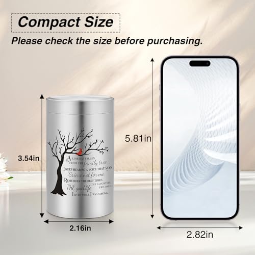 Small Keepsake Urn for Human Ashes, Mini Aluminum Memorial Urn with Tree of Life & Cardinal Design Decorative Cremation Keepsake Sympathy Gift for Memorial Silver