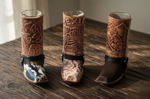 Mexican Boot Shot Glass - Handmade Hand Tooled Leather Mini Boot Tequila Shot - Cowboy Boot Glasses - Assorted Colors - 3 Pack - Approximately 5 1/2" H x 6" W random