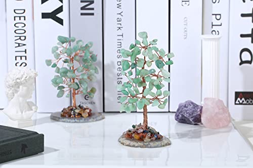 Green Aventurine Healing Crystal Tree of Life Natural Gemstone Agate Slice Base Copper Wire Wrapped Money Trees Feng Shui Spiritual Energy Decorations Home Office Room Desk Decor Gifts for Women Men Green Aventurine