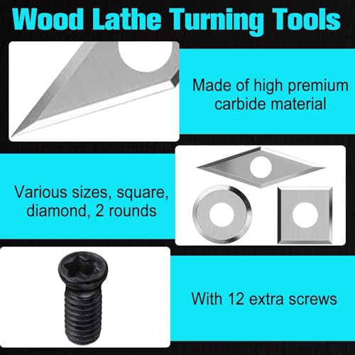 SPEEDWOX 12 Pieces Tungsten Carbide Cutters Inserts Set for Wood Lathe Turning Tools Include 11mm Square with Radius,12mm and 8.9mm Round,31mm 10mm Diamond with Sharp Point, 12 Pieces Screws