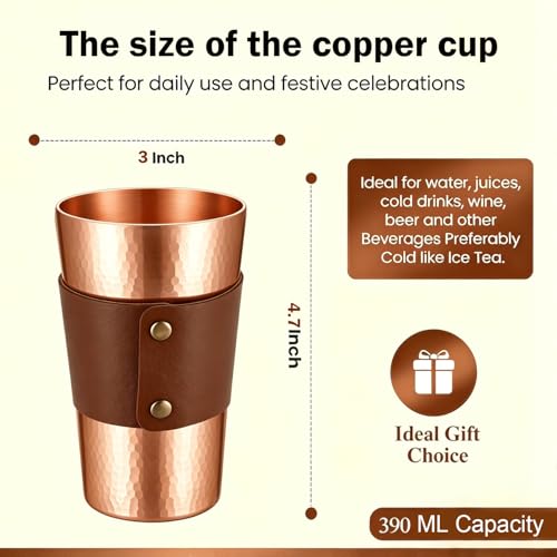 13.5 oz Copper Cups - Hammered Ayurvedic Pure Copper Drinking Cups with Heat-Resistant Leather Sleeves - Promote Detoxification and Maintain Health, Suitable for Yoga, Meditation or Camping. (1) 1