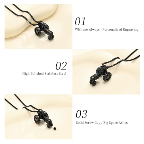 Oinsi Men Keepsake Jewelry Stainless Steel Farm Tractor Cremation Necklace For Ashes For Dad Memorial Urn Necklace Pendant Black