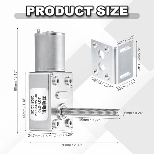 sourcing map JGY-370 24V 150RPM DC Worm Gear Motor M6 Thread Shaft High Torque Turbine Worm Gear Box Reducer Electric Motor with Fastener L-Shaped Bracket for Ovens, Projectors