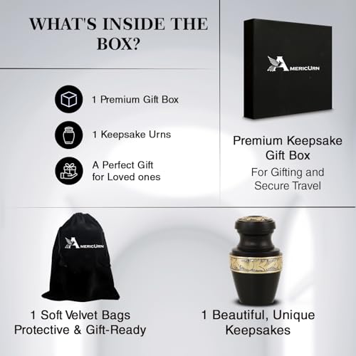 AmericUrn Black and Gold Urns for Human Ashes – Adult Female & Male Memorial Set of 2 with 1 Keepsake Urn & Necklace