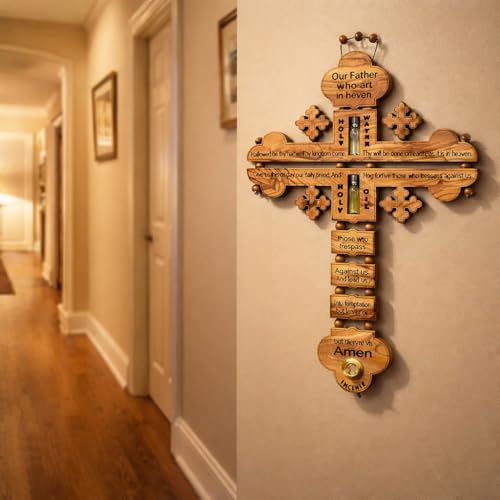 SAINT MICHAEL OLIVE WOOD FROM BETHLEHEM The Lord Prayer Our Father Prayer Wooden Wall Cross - Wall Hanging Religious Décor with The Lord's Prayer Cross, with Holy Water, Holy Oil