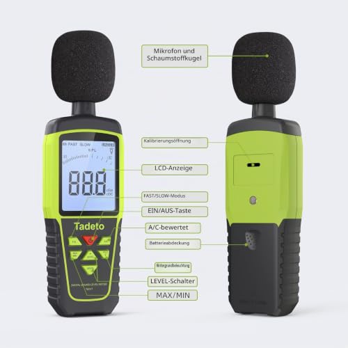 Decibel Meter, Tadeto Sound Level Meter Portable dB Meter 30dB to 130dB (5 Measuring Range) Backlight LCD Display, MAX/MIN, Acoustic and Visual Alarms, Data Hold, A/C Weighted Green