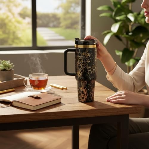 Tumbler, 40oz Tumbler, Western Tumbler, Engraved Cup with Handle, Cute Coffee Mug, 40oz Coffee Mug (Black/Gold(21)-Bee(B31)) Black r.Gold(16)-Bee(B31)