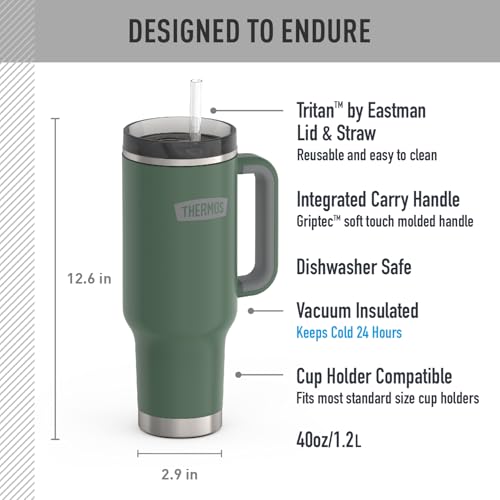 THERMOS Stainless Steel Cup Holder Mug - 40 Ounce, Alpine Green - Insulated Tumbler with Lid and Straw, Plus Leak-Resistant Slide Lock Tritan Straw 40 Ounces