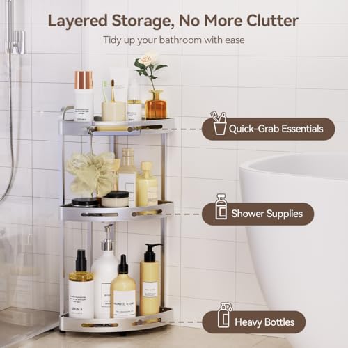 Silver 3-tier standing corner shower caddy from Binecer with three shelves for organized bathroom storage.