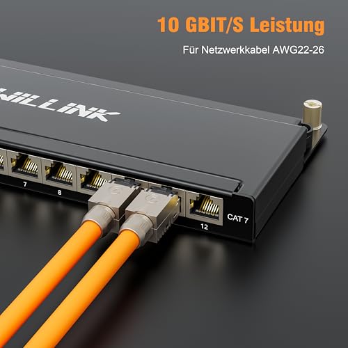 iwillink Cat7 Patch Panel 12 Port - 0.5U - Wall Mounting/Desktop - RJ45 Sockets - LSA Distribution Panel - 10Gbps Gigabit - 600MHz - STP Shielded - Black | Wall mounting/desktop, RJ45 sockets, STP shielded, LSA distribution panel