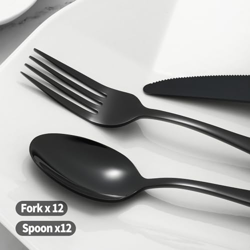 Set of 24 Amafox stainless steel black dinner forks and spoons, 12 of each, with sleek modern design for casual or formal dining.