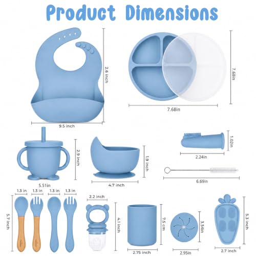 Baby Feeding Essentials Silicone Baby Feeding Set 15-Pcs | Suction Plate with Lid, Bowl, Adjustable Bib, Sippy Cup, Snack Cup, Spoon, Fork, Pacifier, Brush & Ice Tray | CE & CPC Certified Gray Blue