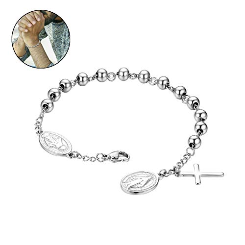 Flongo Cross Rosary Beads Bracelet, Vintage Stainless Steel Jesus Christ Crucifix Cross Bracelet for Men Women Christmas Wedding Silver